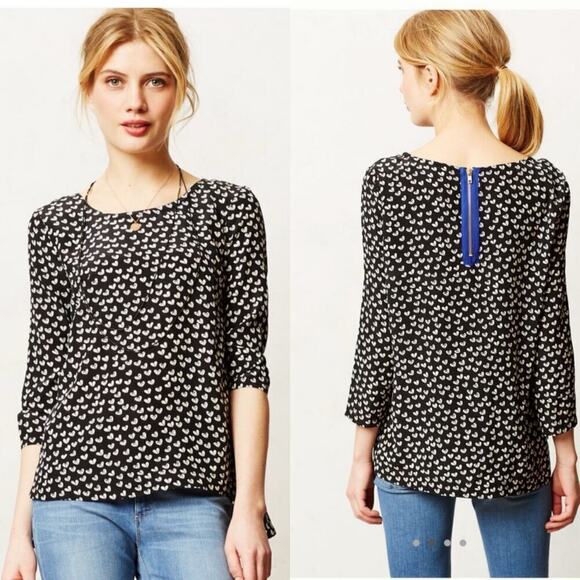 Maeve by Anthropologie Linosa Heart Print 100% Silk Blouse Small Valentines Day - Picture 1 of 7